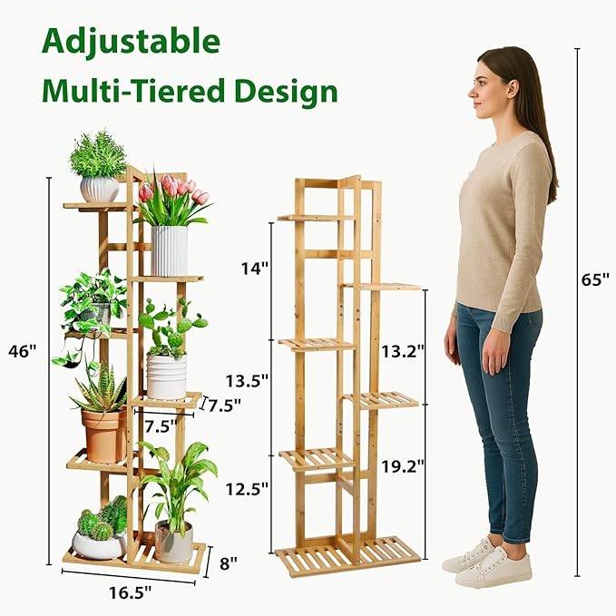 DolceLuna Plant Stand Indoor Corner, Tiered Bamboo Plant Shelf 46 Inch Tall, Plant Rack 6 Tier for Multiple Small Plants, Flower Holders for Living Room Bedroom Window Patio Balcony, Natural