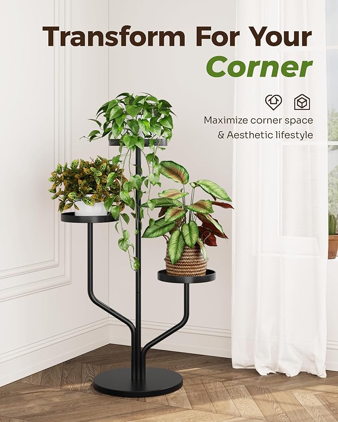Bamworld 3 Tier Plant Stand Indoor Outdoor Metal Plant Shelf for Multiple Plants Pots Tier Tall Flower Holder for Living Room,Bedroom Decor,Balcony,Black