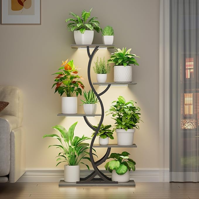 Plant Stand Indoor with Grow Lights - 44" Tall Corner Plant Stands for Indoor Plants, 5 Tiered Metal Plant Shelf, Curved Plant Flower Holder Dispaly Rack for Living Room, Home Patio Balcony (Gray)
