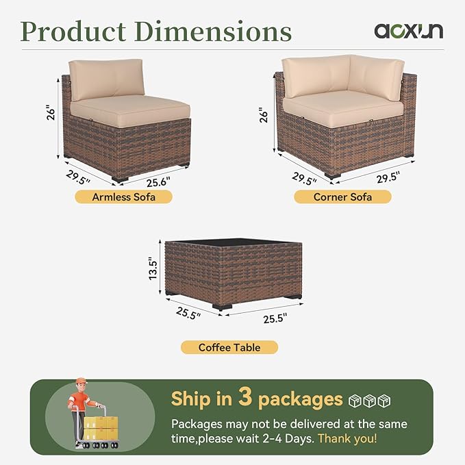 Aoxun 11 Piece Patio Furniture Set Wicker Rattan Patio Conversation Set Outdoor Sectional Sofa Set with Coffee Table and Thickened Cushions, Beige(Waterproof Cover Included)