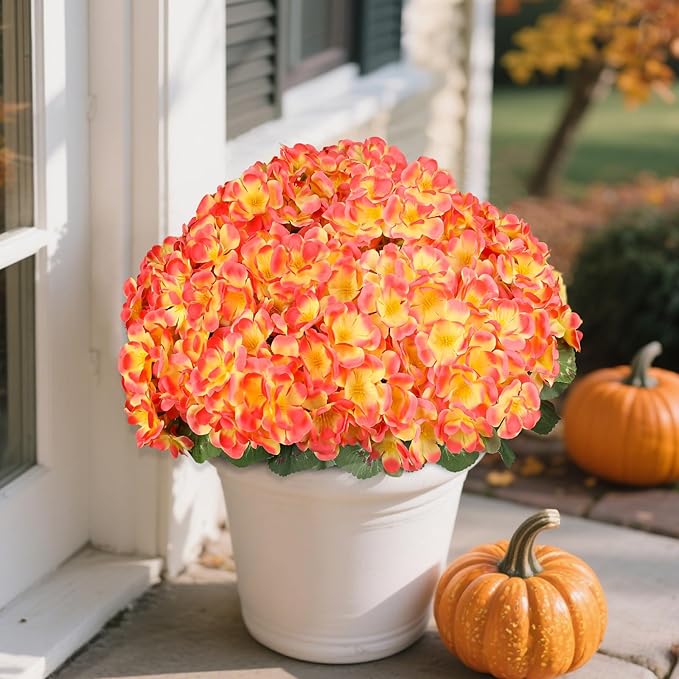 Artificial Fall Flowers for Outdoors, 6 Bundles Realistic Silk Fake Geraniums, No Fade Autumn Faux Plants for Hanging Baskets, Window Boxes, Planters - Porch, Patio, Garden Decor(Sunset)