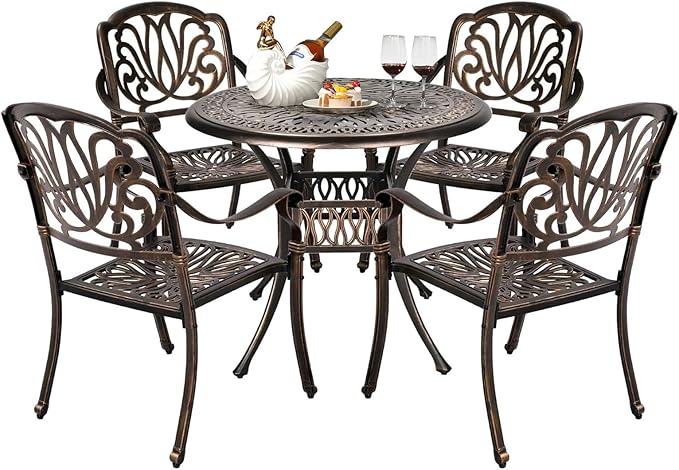 VINGLI 5 Pieces Outdoor Patio Dining Set, Cast Aluminium Patio Furniture Set with 4 Chairs and 1 Umbrella Table for Yard, Garden, Porch and Poolside, Bronze