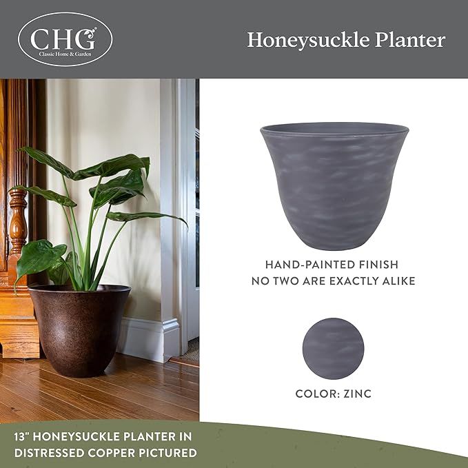Classic Home and Garden Honeysuckle Resin Planters - Lightweight Indoor & Outdoor Plant Pots - UV-Resistant Plastic Flower Pots - Pot Planters for Flowers & Herbs (13" Zinc Grey)