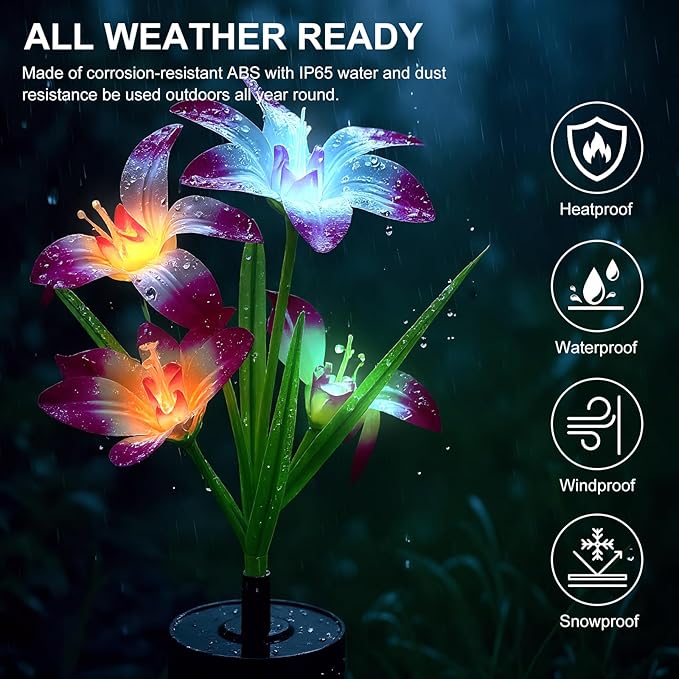 Upgraded Solar Garden Lights, 2 Pack Outdoor Solar Lights, New Round Panel for 40-Hour Runtime, Serve as Outdoor & Indoor Decor, 7-Color Changing Flower Lights, Waterproof for Patio Yard Decoration