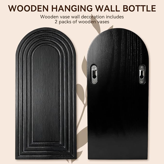 2 Pack Wooden Wall Vase Set, Boho Hanging Planter for Indoor Plants & Flowers, Wood Wall-Mounted Planters for Living Room, Modern Farmhouse Entryway or Bathroom, Rustic Art for Home (Black)