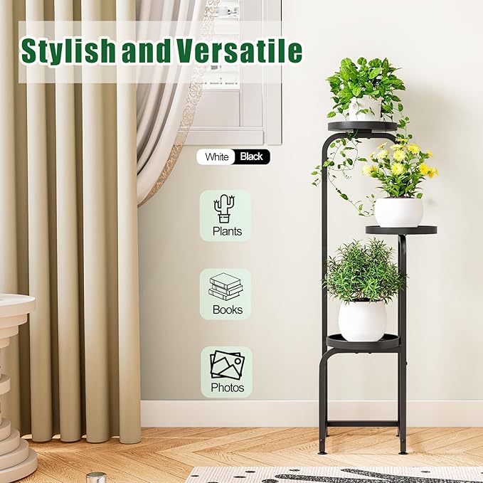 Plant Stand Indoor Outdoor 3 Tier Metal Plant Shelf for Multiple Plants Corner Flower Holders for Living Room Balcony Bedroom Patio Garden, Black (Black, 3-Tier)