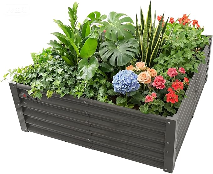A ANLEOLIFE 4X4X1.5 ft Galvanized Raised Garden Beds Outdoor, Square Metal Planter Box for Planting Vegetables Flowers Herb, Anti-Rust & Easy-Setup, Quartz Grey