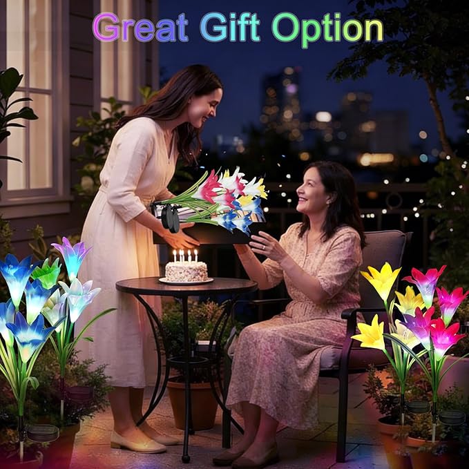 echosari 4 Pack Color Changing Solar Lights Outdoor Waterproof, Solar Lily Flower Stake Lights Auto ON/Off Solar Garden Lights for Lawn Pathway Landscape Garden Gifts for Mom Women Grandma