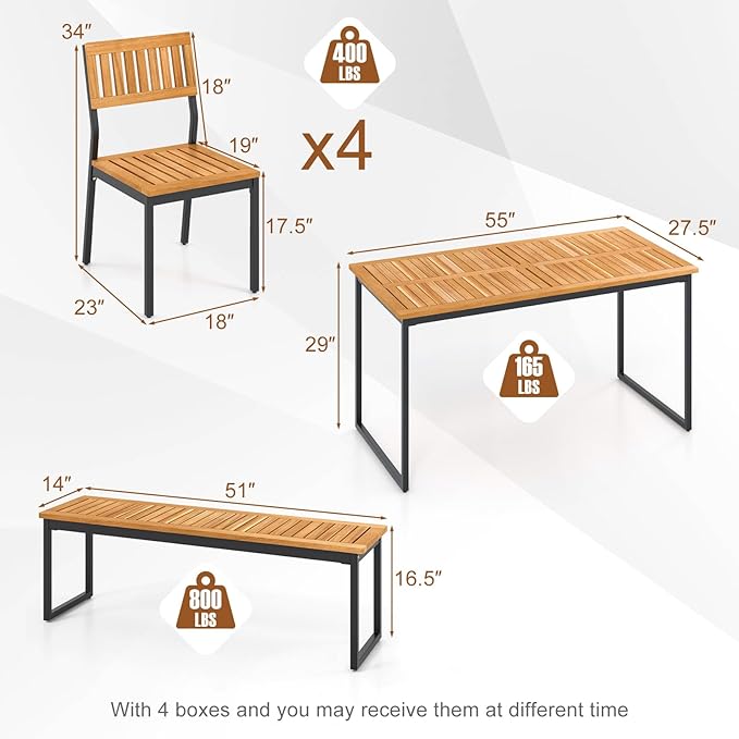 Tangkula 6 Pieces Outdoor Acacia Wood Dining Set, Patio Table and Chairs Set with Bench and 2” Umbrella Hole, Outdoor Patio Dining Furniture Set for Lawn, Garden, Poolside, Backyard