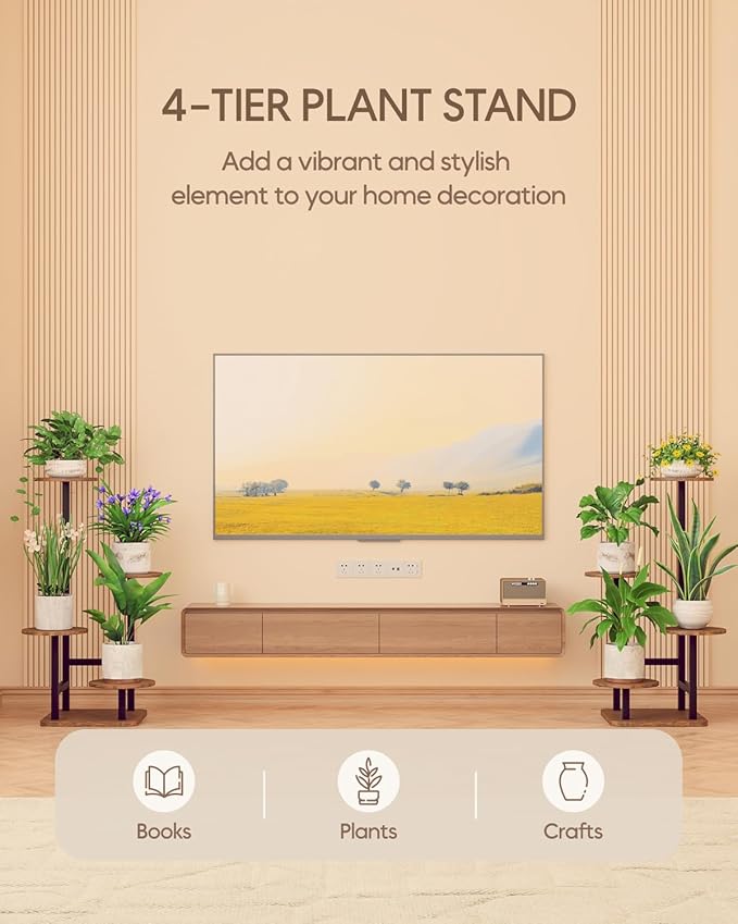 Plant Stand Indoor - 4 Tiered Indoor Plant Stand, Metal Plant Shelf Plant Holder, Ideal for Living Room, Garden, Patio, Balcony (Black Brown)