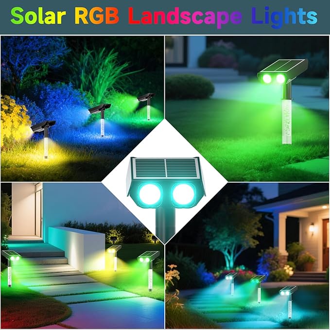 RGB Solar Spot Lights : 2 IN 1 Solar Lights Outdoor with 8 Lighting Modes & PC Light Guide Column for Tree Garden Yard Pathway | RGB Color Changing Landscape Lights | IP65 Waterproof | 6 Pack