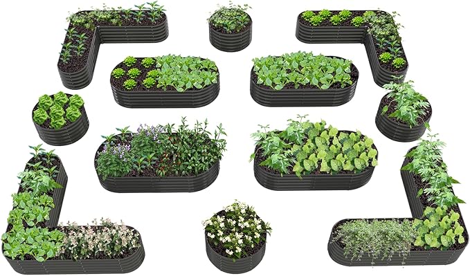 A ANLEOLIFE 12-Pack Galvanized Raised Garden Beds Outdoor, 18" Deep Modular Metal Planter Box Kit, Whole Backyard Farm Garden System with Oval Heart & Round Beds for Vegetable & Flowers, Quartz Grey