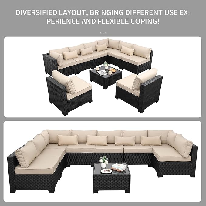 9 Pieces Outdoor Sectional All-Weather Wicker Patio Furniture Set Patio Sectional Glass Patio Table Non-Slip Cushions and Waterproof Covers, Khaki