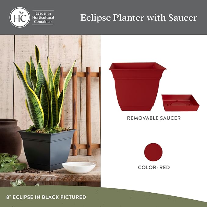 The HC Companies 10 Inch Eclipse Square Planter Pots with Drainage Holes & Attached Saucer, Lightweight UV-Resistant Plastic Indoor Outdoor Planters, 2-Pack Flower Pots for Garden & Home Decor, Red