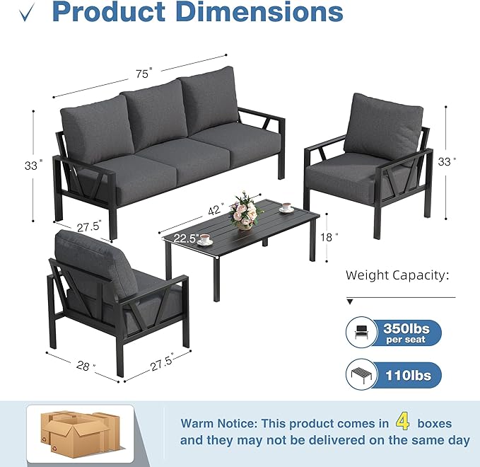 Outdoor Patio Furniture Set, 4 Pieces Metal Patio Furniture Set with Coffee Table, Modern Outdoor Patio Conversation Seating Set, Grey