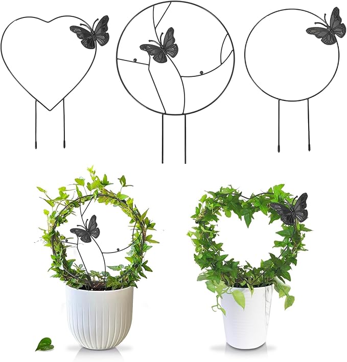 3Pack Trellis for Climbing Plants Indoor, Rust-Proof Trellis for Indoor Potted Plants Round Circle Trellis with Butterfly Houseplant Metal Wire Trellis for Vine Ivy Flower Plant Support