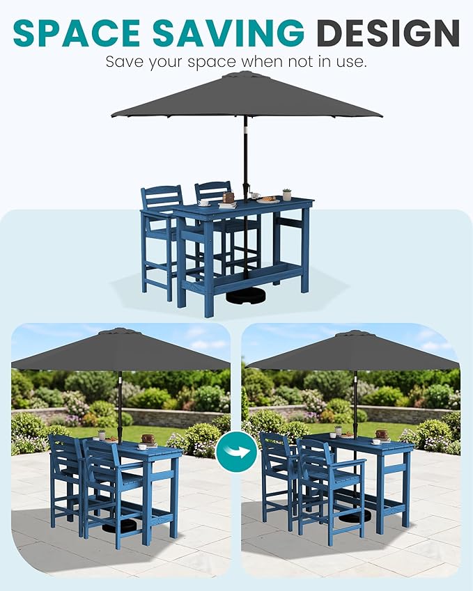 SERWALL Outdoor Bar Set with 9ft Umbrella, All-Weather HDPE Patio Bar Chairs and Table, Outdoor Furniture Set for Poolside, Backyard, Garden - Blue