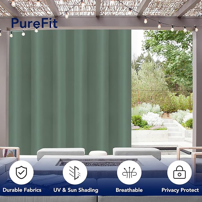 PureFit Outdoor Curtains for Patio Waterproof Weatherproof, UV Resistant Outside Curtains for Gazebo, Front Porch, Pergola, Sun Blocking Privacy Curtain, 100W x 120L inch, 1 Panel, Sage Green