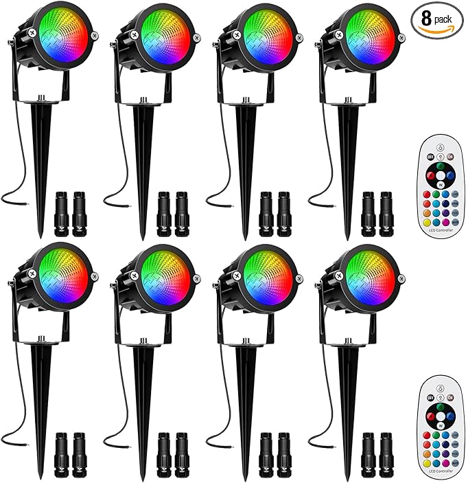 RGBW Low Voltage Landscape Lights, 10W 12/24V Color Changing Landscape Lighting with Remote, IP65 Waterproof Outdoor LED Spotlight for Garden Christmas Halloween, 8 Pack with Connectors