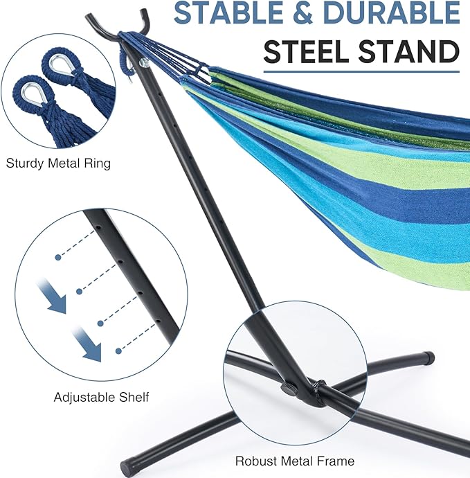 DUMOS Double Hammock with Space Saving Stand, Heavy Duty Steel Frame, Portable for Outside & Indoor Use, 450lbs Capacity, Easy Assembly, Carrying Bag Included, Blue