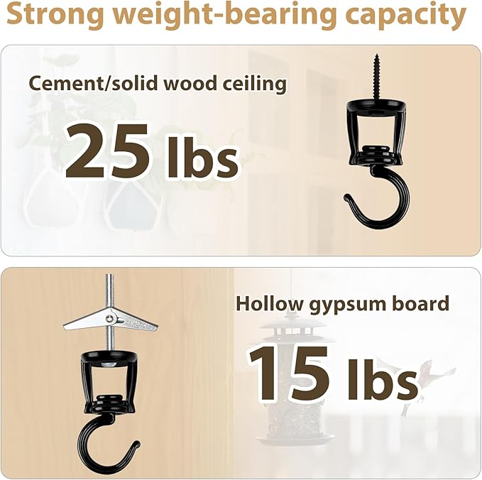 Mkono Ceiling Hooks for Hanging Plants, Heavy Duty Metal Plant Hanger for Drop Ceiling, Swag Hook for Hanging Planters, Lights, Birdfeeders, Indoor Outdoor Decorative Screw-in Hooks (Black 2 Pack)