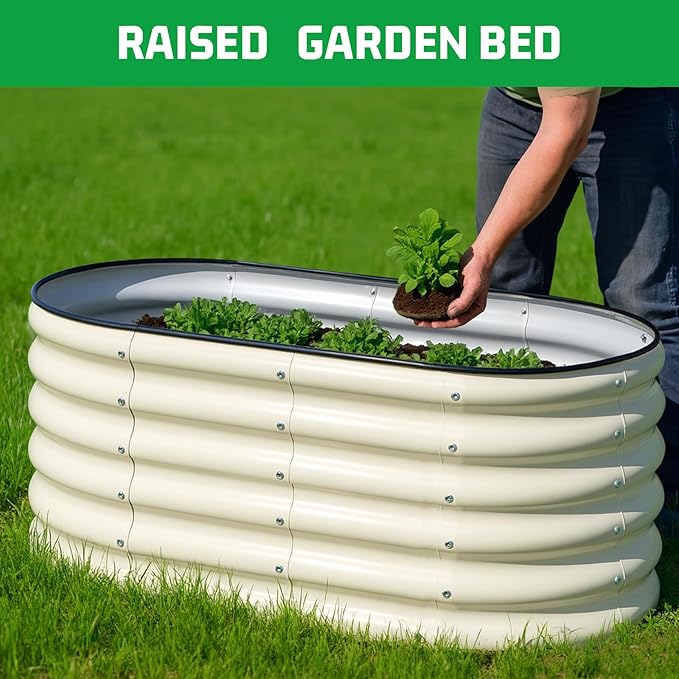 SnugNiture 3 Pcs 4x2x1.5ft Raised Garden Bed Outdoor, 17" Tall Galvanized Metal Planter Box, Oval Raised Garden Bed Kit for Planting Vegetables Plants Fruits, Beige White