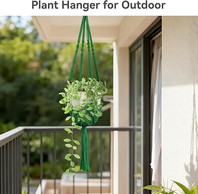 USLAI Macrame Plant Hanger Indoor Outdoor, Fits 3 to 6.5 inch Pots, Hanging Planter Holder with Beads and Tassels, Boho Home Decor, 35+35 Inch, Green (POTS NOT Included)