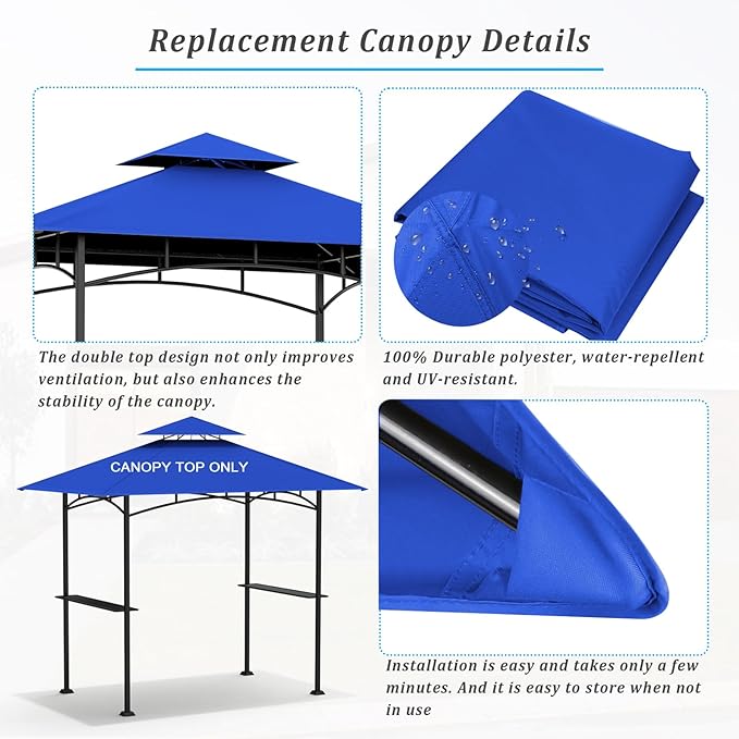 Grill Gazebo Replacement Canopy Top - 5'x8' Outdoor BBQ Tent Roof Cover Double Tiered Outdoor Grill Shelter Fit for Model L-GG001PST-F (Blue)