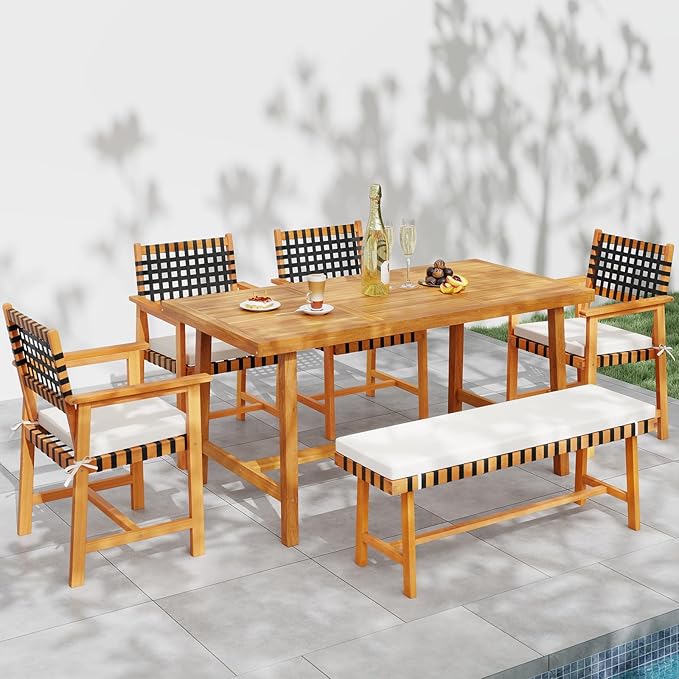 Tangkula 6 Piece Patio Dining Set for 5-6 People, 63” Outdoor Acacia Wood Table with 1.97” Umbrella Hole & Bench & 4 Cushioned Armchairs, for Deck Yard and Poolside
