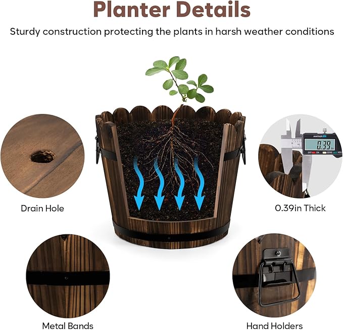 Wooden Barrel Planters Flower Pots for Indoor Outdoor Plants, 10+11.5 inch Rustic Patio Garden Front Porch Planters Plant Pots Outdoor Decor Set of 2