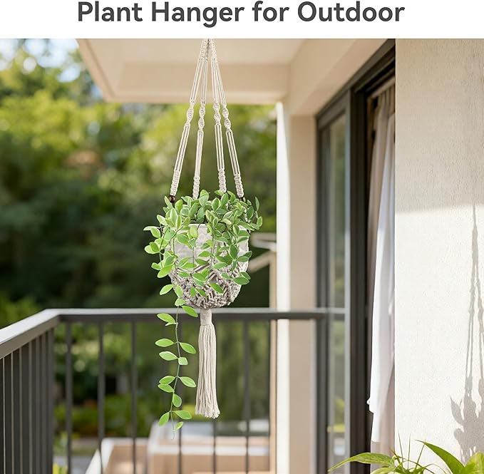 USLAI Macrame Plant Hanger Indoor Outdoor, Fits 3 to 6.5 inch Pots, Hanging Planter Holder with Beads and Tassels, Boho Home Decor, 35+35 Inch, Ivory (POTS NOT Included)