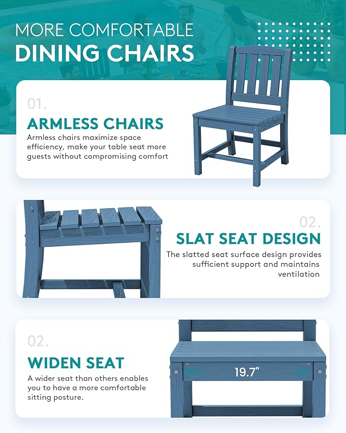 SERWALL 7-Piece Outdoor Dining Set, 60" - 83" Expandable Outdoor Dining Table and 6 HDPE Chairs, All Weather HDPE Outdoor Furniture Set for Backyard, Garden, Blue