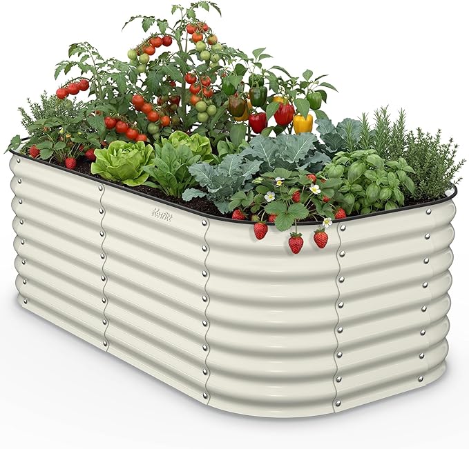 Kesfitt Raised Garden Bed Outdoor, Galvanized Steel Metal Raised Bed Planter for Vegetables, 24-Inch Deep Open Bottom Backyard Garden Bed 6x3x2 ft, Pearl White