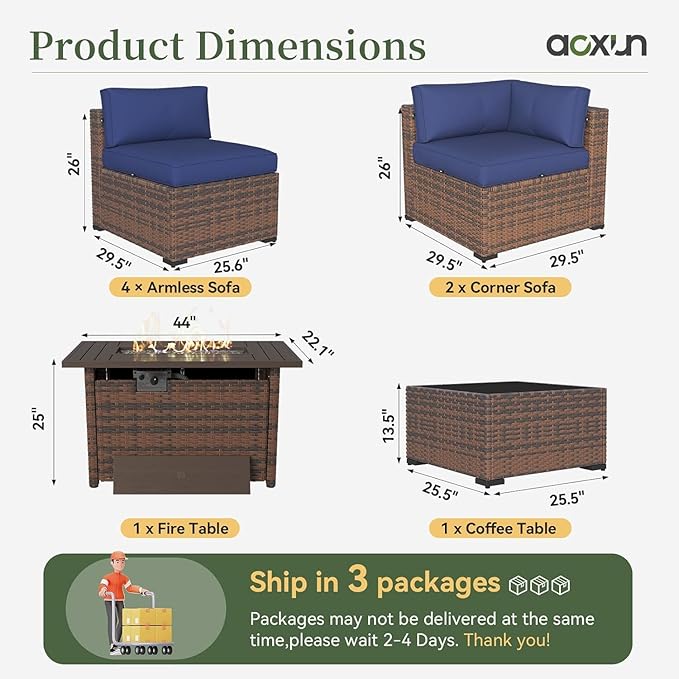 Aoxun 8-Piece Outdoor Patio Furniture Set - 44” Fire Pit Table, Durable Wicker Rattan Sectional Sofa with Coffee Table, Comfy Thickened Cushions, Blue (Waterproof Cover Included)