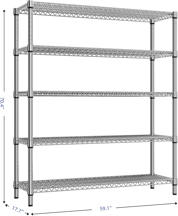 3500LBS 59" W 5 Tier Storage Shelves Rack Metal Wire Shelving Unit, Storage Standing Shelf Organizer for Laundry Bathroom Kitchen Pantry Closet Garage, Chrome 17.7" D x 59.1" W x 70.4" H