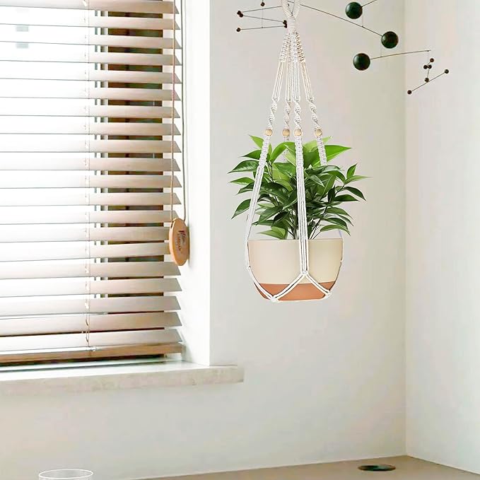 35 Inch Macrame Plant Hanger Indoor with Wood Beads and No Tassels,Strong Hanging Planter Flower Pot Holder for Indoor Outdoor Boho Home Decor,Set of 2,Ivory(Pots Not Included)