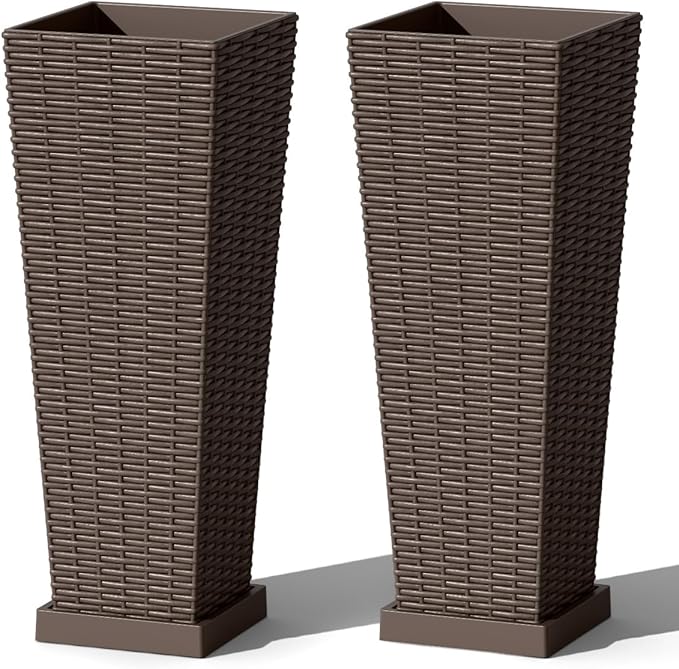 Greesum Set of 2 Tall Plastic Planters with Saucer, 24 Inch Large Pots with Drainage Trays, Weather-Resistant Plastic Plant Containers for Patio, Porch, Garden,Brown