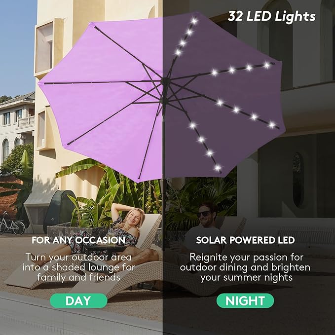 JEAREY 9FT Outdoor Patio Umbrella with Solar Lights, LED Lighted Pool Umbrella with Tilt and Crank, Outdoor Table Umbrellas for Deck, Yard & Market (Taro Purple)