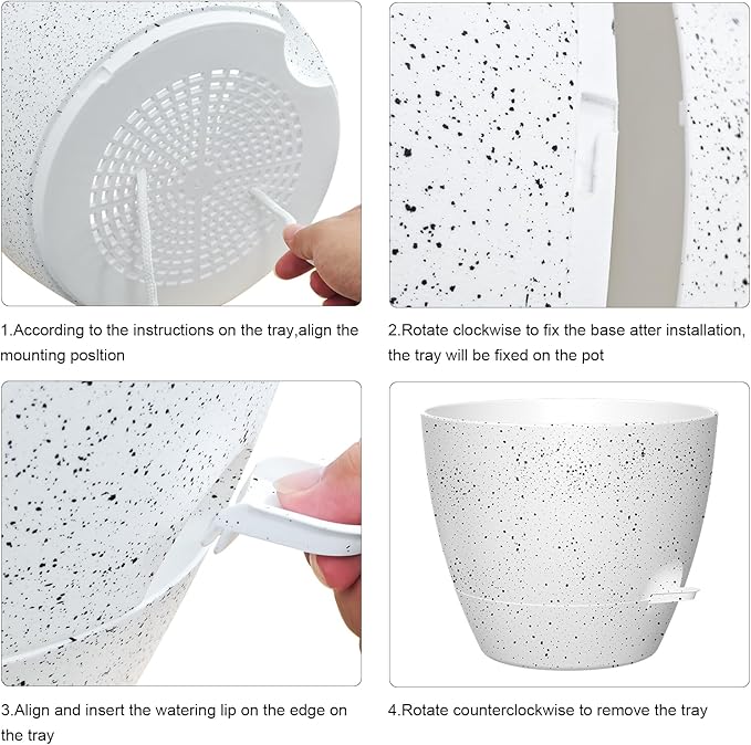12 Inch Large Self Watering Pots, Flower Pots with Multi-Mesh Drainage Holes and Saucer, Planters for Indoor and Outdoor Garden Plants (Speckled White)