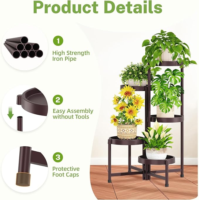 iDavosic.ly 5 Tier Folding Plant Stand Indoor Outdoor with Plastic Tray, Tiered Corner Flower Holder Shelf, Metal Orchid Display Rack for Patio Porch Living Room Garden Balcony, Bronze