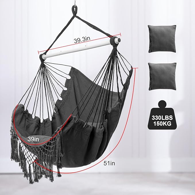 Hammock Chair, Hanging Rope Swing Seat with 2 Cushions,Macrame Hanging Chair Side Pocket with High Load-Bearing Metal Rod,for Indoor, Outdoor, Extra Comfortable (Dark Grey)