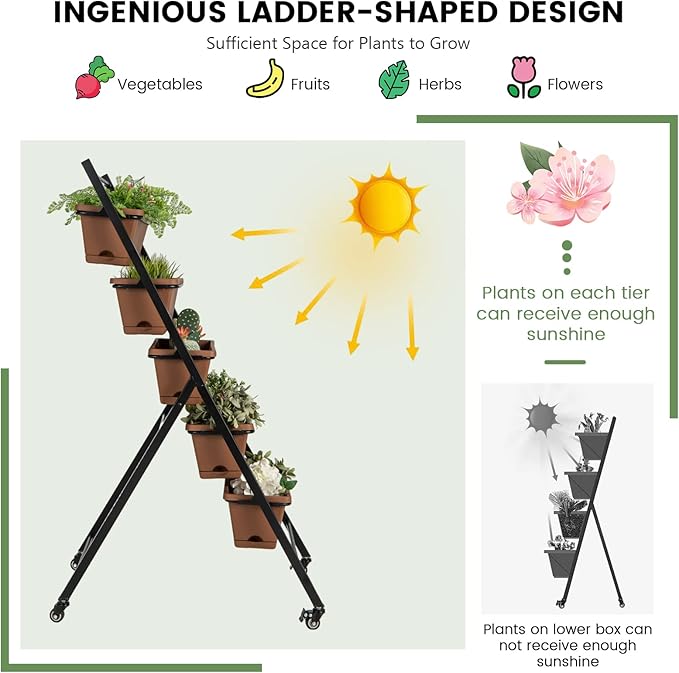 Giantex Vertical Raised Garden Bed on Wheels, 5-Tier Elevated Planter Boxes, Garden Beds with Drain Hole, Freestanding 5 Containers for Herb Vegetables Flowers Growing, Indoor Outdoor Patio Balcony