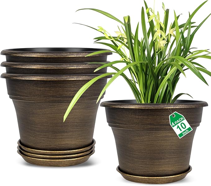 Plant Planters Pots Set of 4 Pack 10 Inch, Plastic Flower Pot For Indoor Plants With Drainage Holes & Trays, Resin Decorative Container Sets With Saucer For House Outdoor Garden Planters Dark Gold