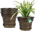 Plant Planters Pots Set of 4 Pack 10 Inch, Plastic Flower Pot For Indoor Plants With Drainage Holes & Trays, Resin Decorative Container Sets With Saucer For House Outdoor Garden Planters Dark Gold