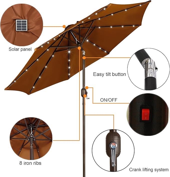 Blissun 9 ft Solar Umbrella 32 LED Lighted Patio Umbrella Table Market Umbrella with Tilt and Crank Outdoor Umbrella for Garden, Deck, Backyard, Pool and Beach, Brown