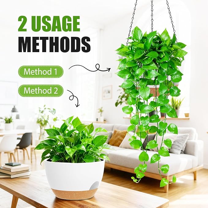 8 Inch Hanging Planters for Indoor Outdoor Plants, 4 Pack White Brown Plastic Self Watering Hanging Baskets with Drainage Holes and Chain for Garden Porch