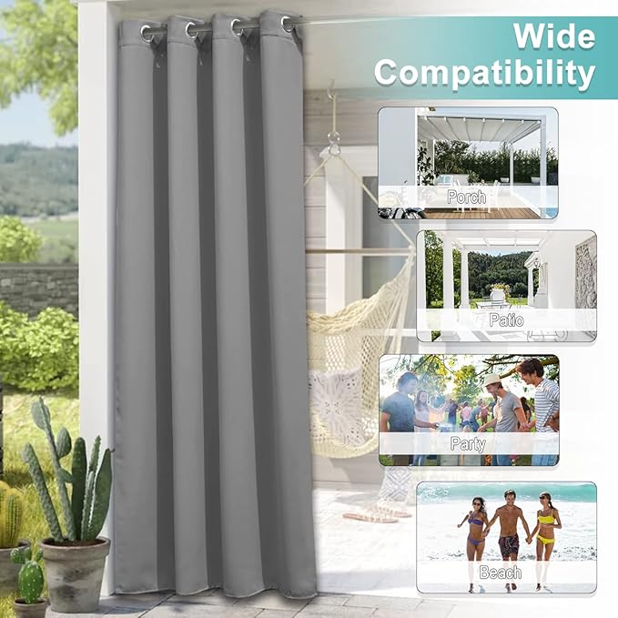 NICETOWN 2 Panels Patio Curtains Outdoor Waterproof, Thermal Insulated Rustproof Blackout Privacy Light Blocking Outdoor Indoor Window Drapes for Gazebo/Playground, W52 x L95, Silver Grey