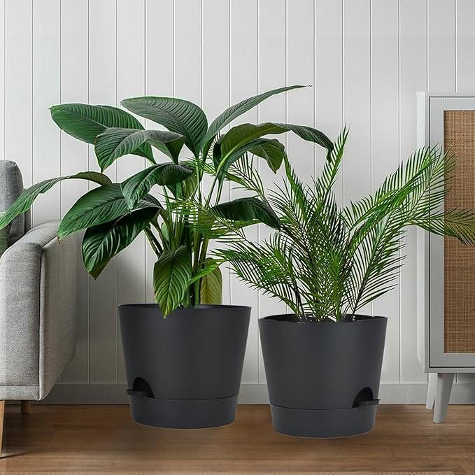 12inch Large Self Watering Plant Pot, Plastic Cylinder Planter with 60Oz Deep Reservoir and Saucer for Indoor Outdoor Plants Flowers Houseplants, Black