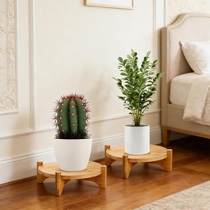 2 Pack Bamboo Plant Stand, Mid Century Modern Planter Stand, Detachable Flower Pot Holder, Sturdy Potted Plant Rack for Indoor Outdoor Garden Home, Fits Up to 8 Inch Planter (Pot Not Included)