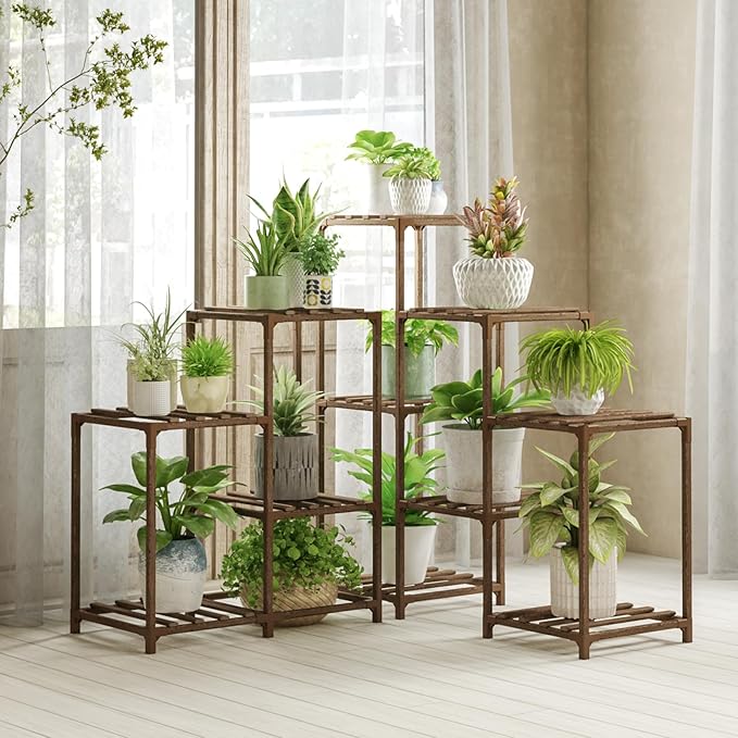 Bamworld Plant Stand Indoor Outdoor Corner Shelf 11 Potted Large Holder for Multiple Plants Wooden Tall Stands Combo Table Rack Garden Patio Lawn Window